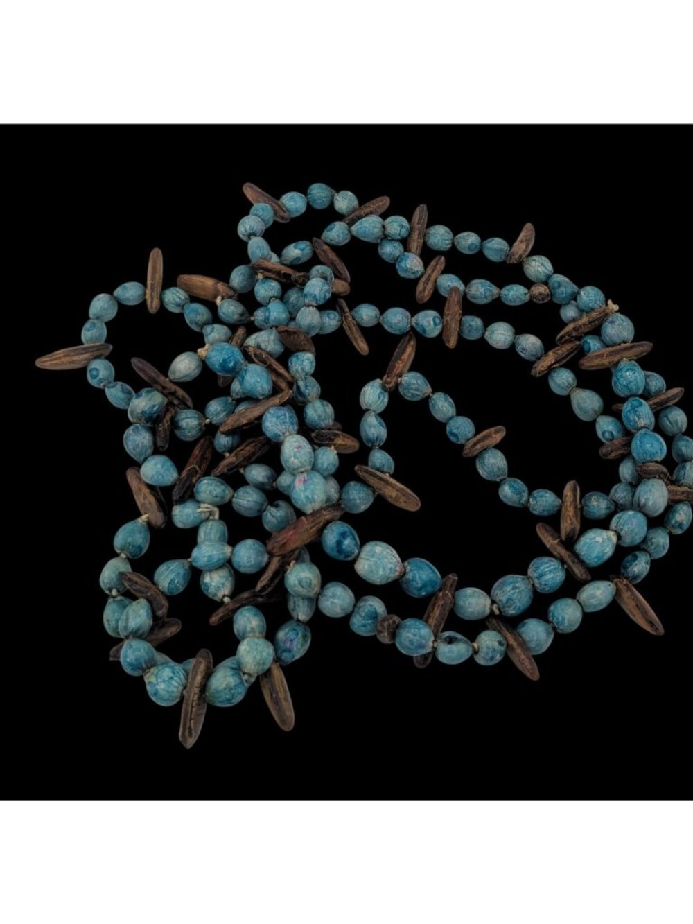 Vintage Blue Dyed Natural Seed Beaded Necklace With Brown Accents